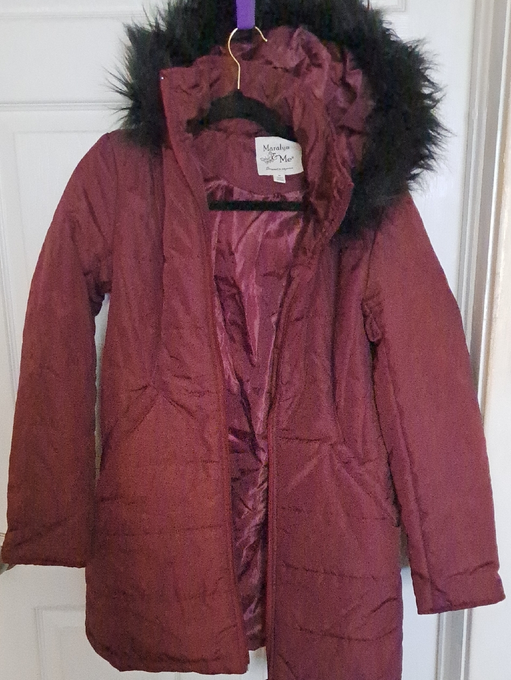Maralyn & Me Girls' Burgundy Hooded Puffer Coat with Faux Fur Trim